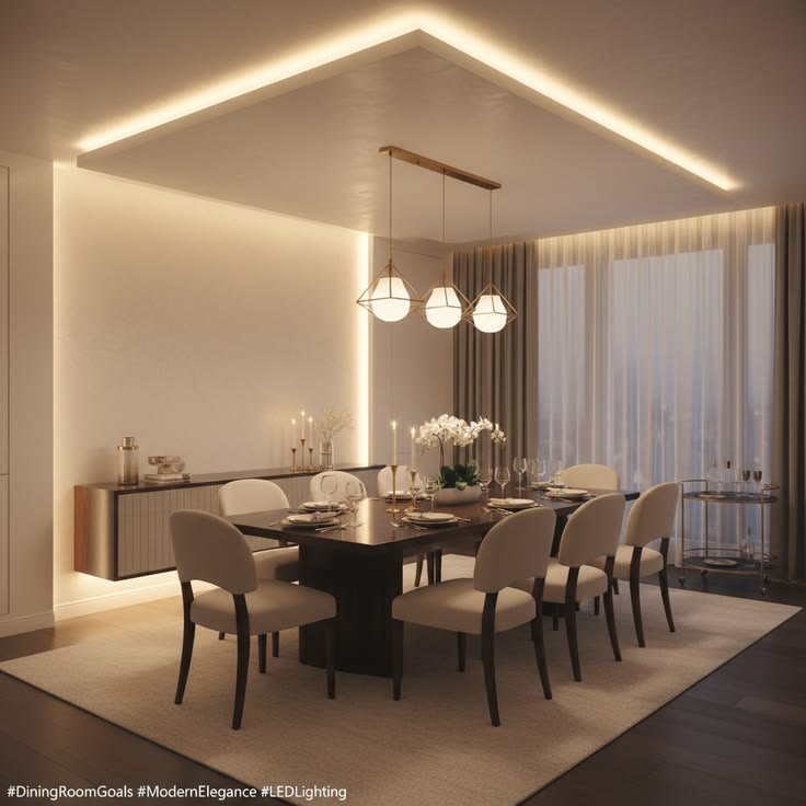 Elegant dining room with warm indirect lighting